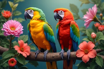 Vibrant Parrots and Flowers - Colorful Birds on a Branch