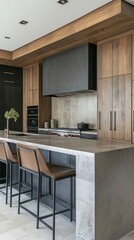 This modern kitchen showcases sleek cabinetry and an expansive island, combining functionality and style. The design promotes a tidy appearance, perfect for culinary activities