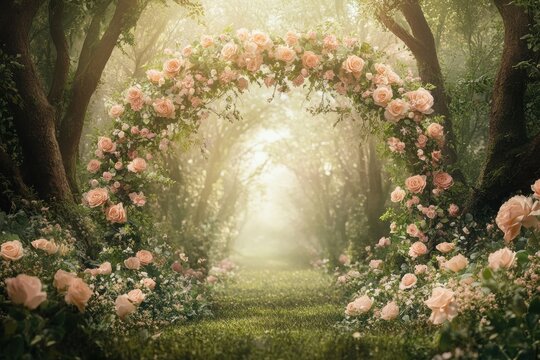 Enchanting rose archway in a misty forest.