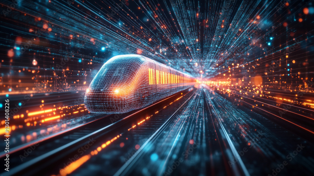 Poster a train is shown in a computer generated image