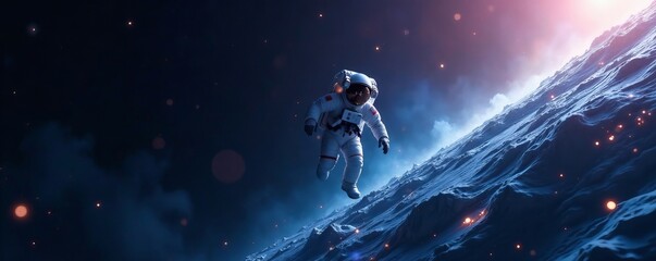 Naklejka premium Lone astronaut in white spacesuit tumbling through endless darkness of space, space, drifting