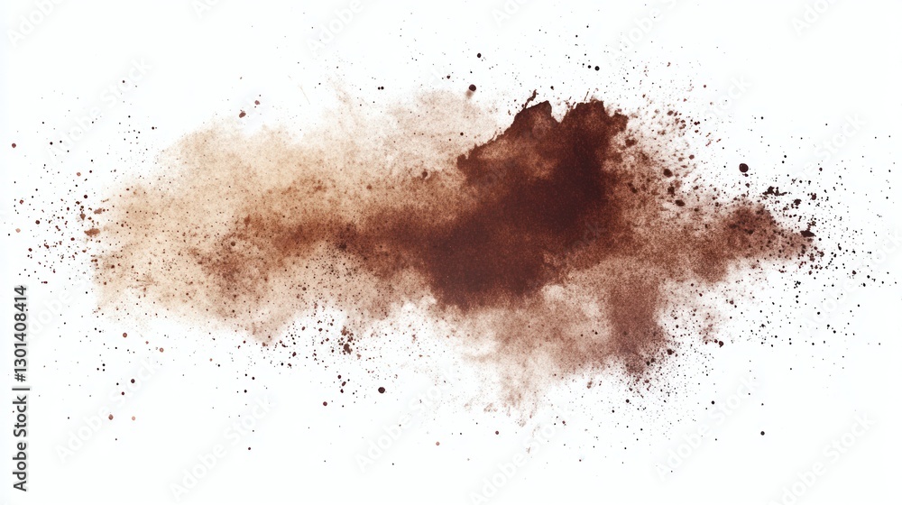 Poster brown powder explodes with texture and splatter on white background