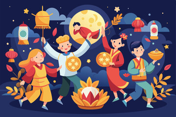Naklejka premium Families gather to celebrate the Mid-Autumn Festival with lanterns, mooncakes, and traditional customs, People celebrating mid autumn festival Customizable Flat Illustration