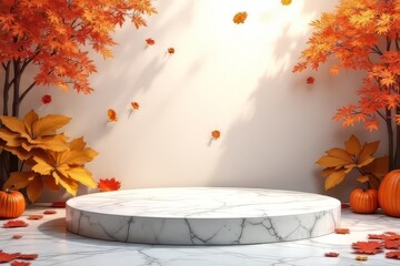 Autumn Display Podium with Falling Leaves and Pumpkins for Fall Product Presentation