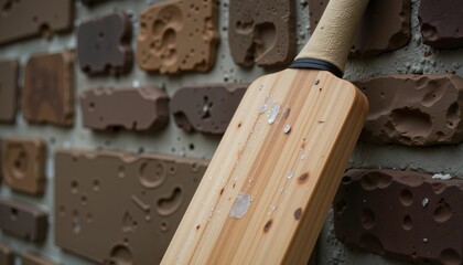 Worn vintage cricket bat resting against textured stone wall, sport symbolism