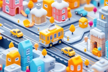 Vibrant Miniature Cityscape Featuring Colorful Toy Vehicles on a Lively Street Scene