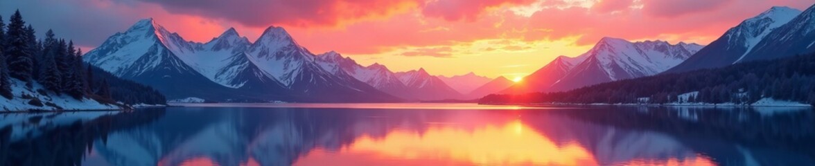 Fototapeta premium Majestic sunrise over snow-capped peaks, serene alpine lake reflection, sunrise, lake
