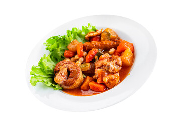 Ragout meat, sausages, vegetables stew dish fresh tasty food delicious gourmet food background on the table rustic food top view copy space