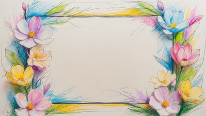 Obraz premium Floral sketch frame. Pink white yellow flowers surround empty rectangle. Leaves and petals drawn in blue green and purple crayon on light background.
