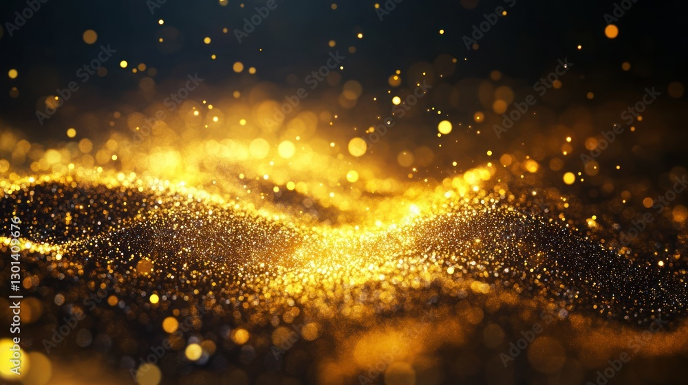 Poster Abstract view of golden particles with bokeh on a dark background
