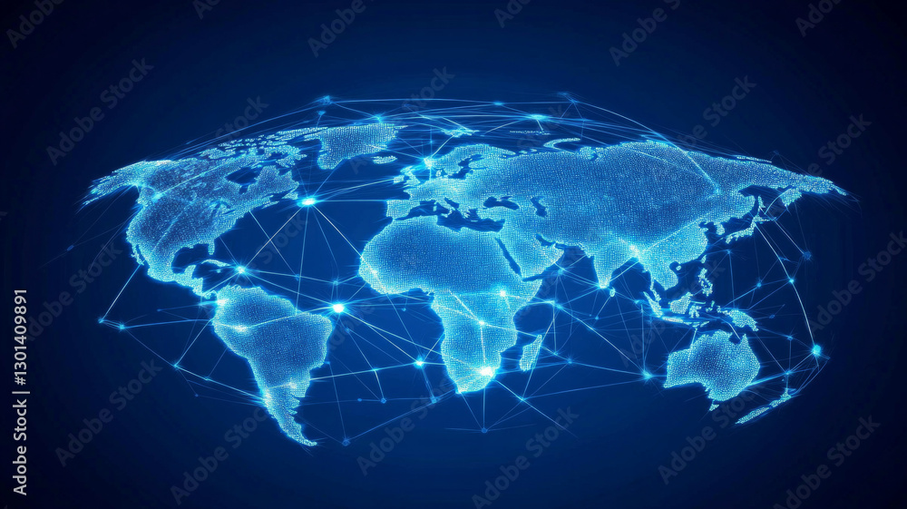 Poster a blue globe with a network of lines connecting it