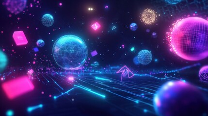 Conceptual digital art featuring glowing spheres and geometric shapes