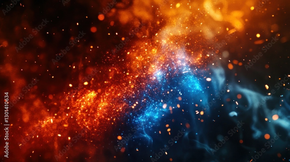 Poster red and blue particles collide creating dynamic abstract composition