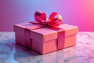 Pink Gift Box with Ribbon on Marble Surface - Festive Gift Wrapping