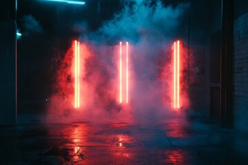 Fototapeta premium Neon Glow in Smoky Corridor - Red neon lights illuminate a dark corridor filled with atmospheric smoke, creating a dramatic and moody scene