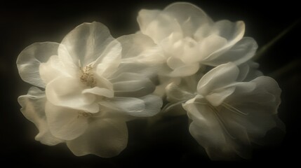 Beautiful white flowers are displayed against a dark background