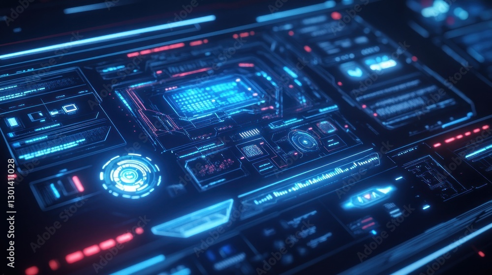 Poster futuristic computer system display with blue and red glowing lights