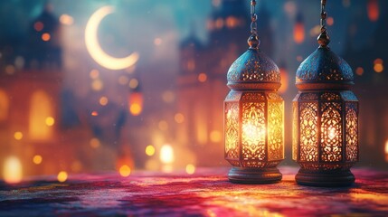 Two ornamental lanterns lit up in a beautiful scenic background