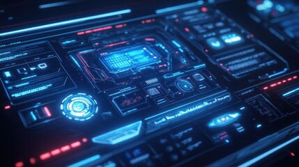 Obraz premium Futuristic computer system display with blue and red glowing lights