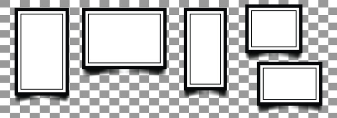 Photo frames realistic. Empty white photos frame vintage with adhesive tapes. Images different forms on wall, blank retro memory album. Wall collage photography mockup. Realistic empty photo card. 