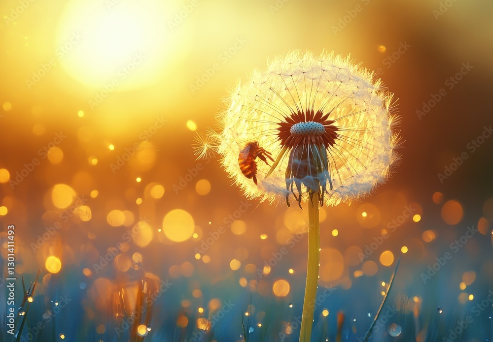 Poster delicate dandelion flower with a bee in sunset glow creating a magical atmosphere filled with sparkl