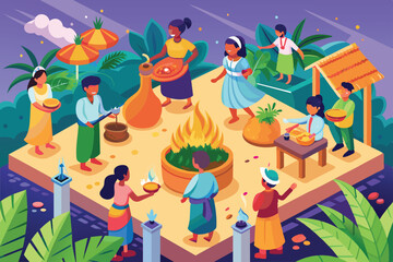 Participants engage in festive rituals, preparing offerings around a bright fire during Pongal celebrations, People celebrating pongal festival Customizable Flat Illustration