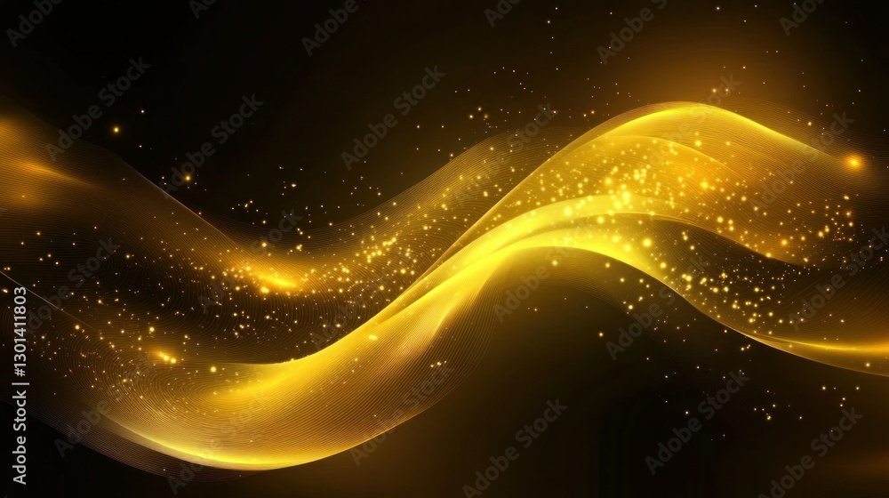 Poster golden light waves with sparkling particles on dark background