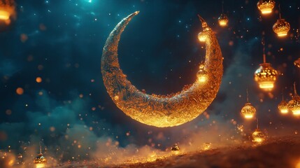 A golden crescent moon illuminated by hanging lamps in darkness