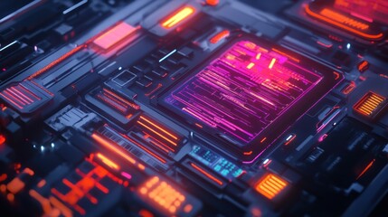 Obraz premium A neon lit detailed futuristic computer circuit board component