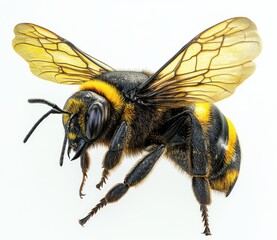 Detailed Close-Up of a Bee with Striking Yellow and Black Fur, Transparent Wings, Capturing the Beauty of Nature's Pollinator in Stunning Clarity and Precision