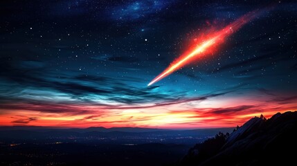 Fototapeta premium Celestial Sunset: A fiery meteor streaks across a vibrant twilight sky over a cityscape nestled amidst majestic mountains. The scene evokes a sense of wonder and awe.