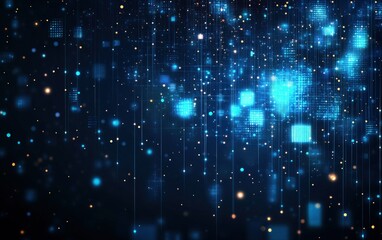 Abstract blue and yellow digital background with glowing particles and squares.