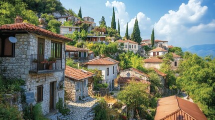Obraz premium Picturesque Hilltop Village - Charming stone houses cascade down a hillside, creating a picturesque village scene. Lush greenery and cypress trees add to the beauty