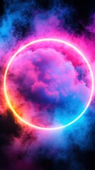 Neon Circle in a Dreamy Cloudscape: A vibrant, surreal digital art piece featuring a glowing neon circle encircled by pink and blue smoke, evoking a dreamy and atmospheric mood.