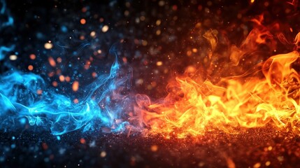 Abstract blue and orange fire elements against dark speckled background