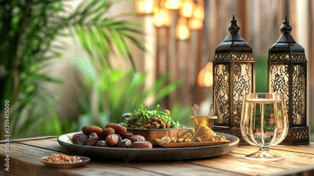 Poster the elegant display of dates and lanterns on a table