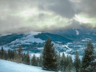 Winter mountings in Colorado. Colorado mountings in snow at the end of the day with clouds. Cloudy Colorado mountings.