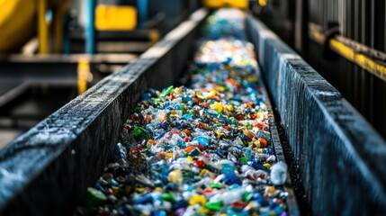 Conveyor belt transporting colorful plastic bottles and other materials