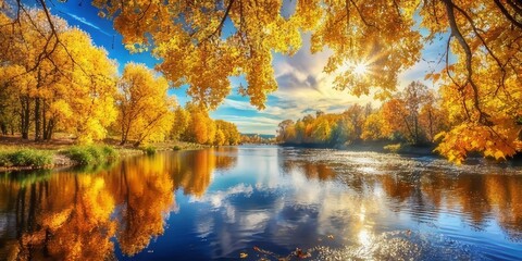 Fototapeta premium Golden Autumn Leaves Reflecting on Calm River Water Under a Sunny Sky