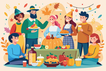 Friends gather around a table full of food, enjoying Thanksgiving festivities with smiles and laughter, People celebrating thanksgiving Customizable Flat Illustration