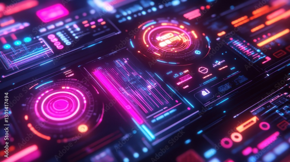 Poster a futuristic digital control panel with glowing graphical interface