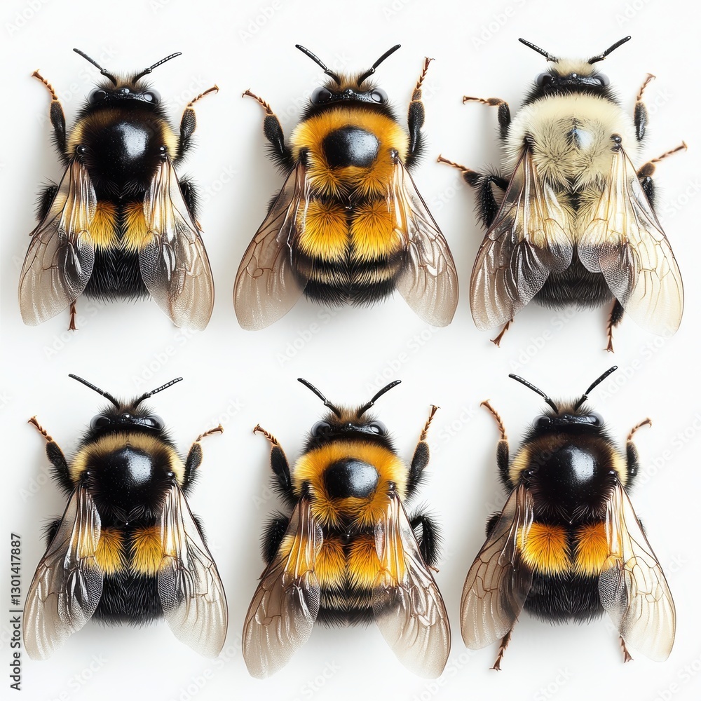 Poster detailed close-up of various bumblebees displaying unique patterns and colors, ideal for educational