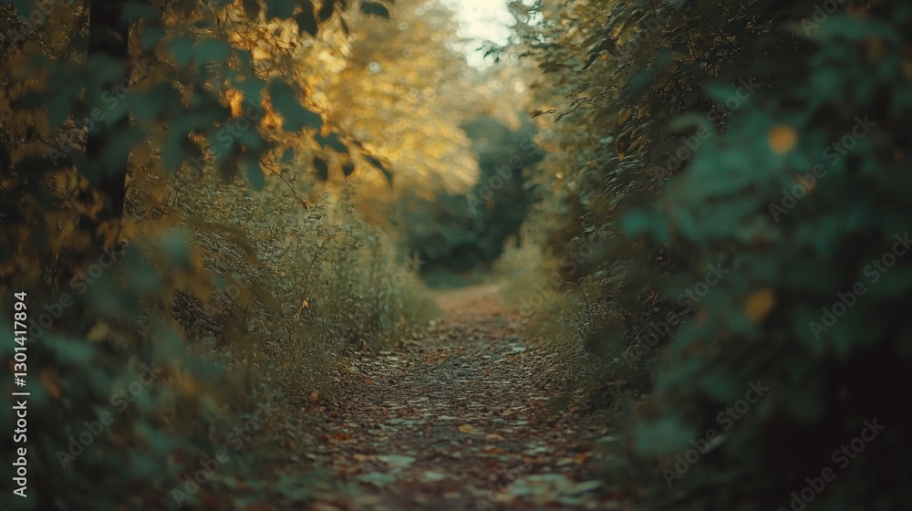 Poster a winding path through a forest with autumn colors