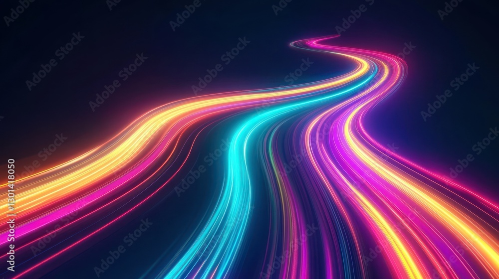 Poster abstract colorful light trails smoothly curve across a dark space