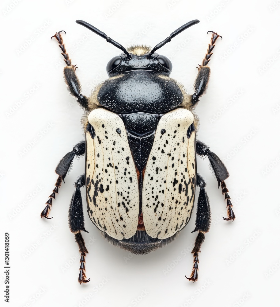 Poster detailed close-up view of an intricate black and white beetle showcasing unique patterns and texture