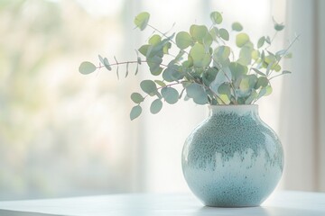 Eucalyptus branches in a teal vase on a white surface.