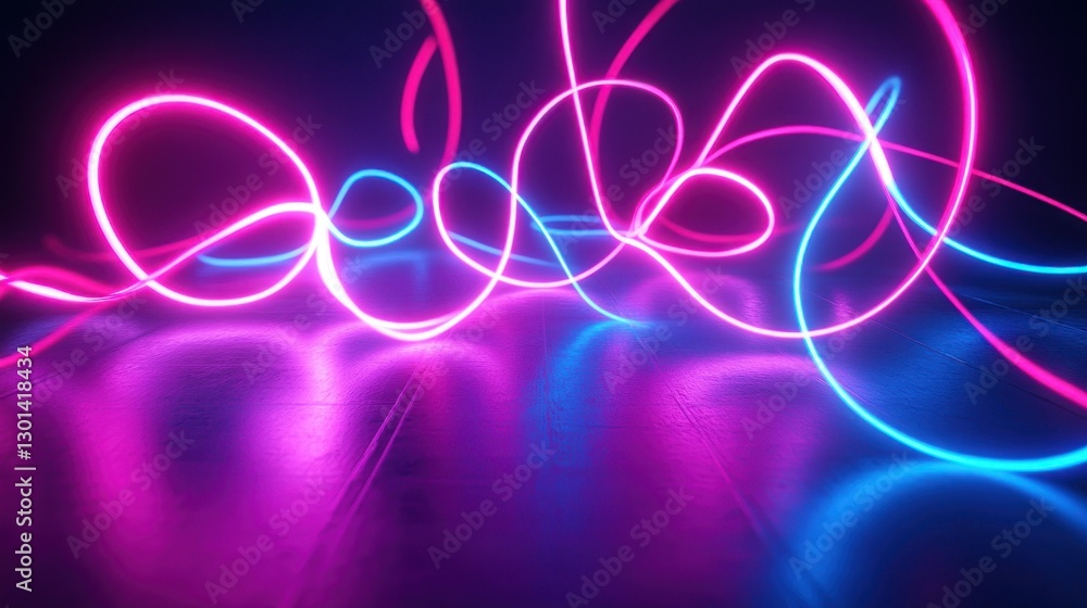 Poster neon light trails create colorful abstract curves and shapes