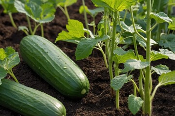 Obraz premium Fresh cucumbers growing in a healthy garden bed