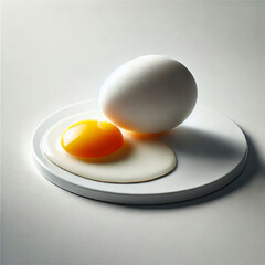 A raw egg is placed on a pristine white background, showcasing its glossy shell and bright yellow yolk. The scene highlights the natural simplicity and freshness of the egg