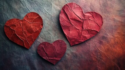 Obraz premium Three Red Paper Hearts Appear Against A Textured Background